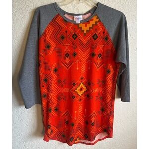 LuLaRoe Randy Tee Womens M Orange Gray Aztec Geometric 3/4 Sleeve Shirt